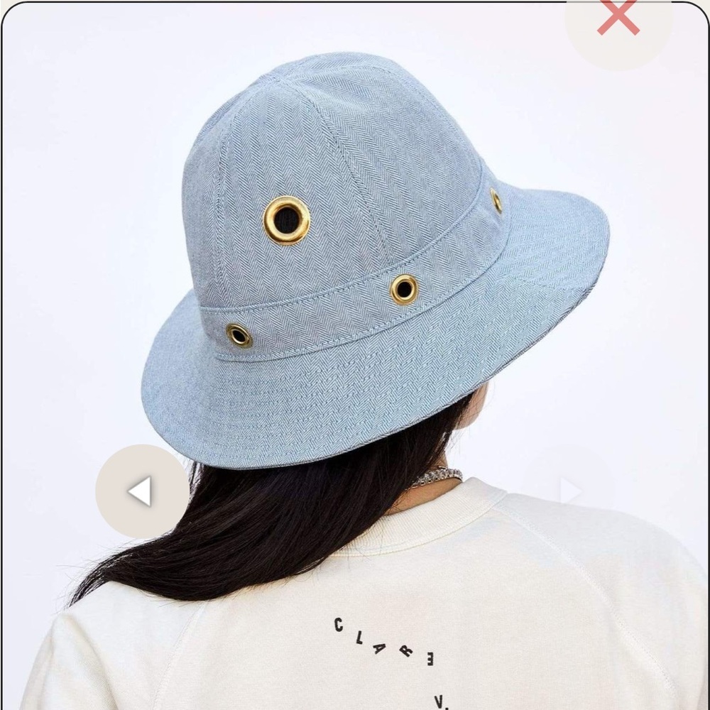 CLARE V Light Denim Bucket Hat XS Small Light Blue Herringbone Grommet Women NEW